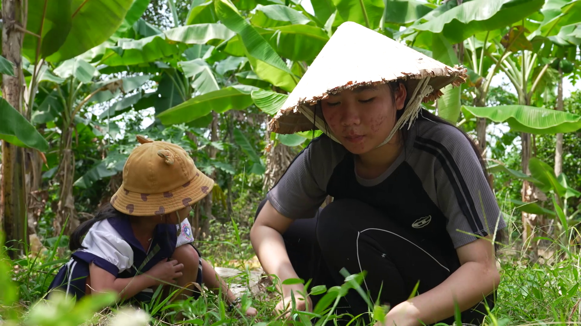 ai chị em Nhật Anh và Anh Tú phụ giúp bà nội làm vườn sau giờ học